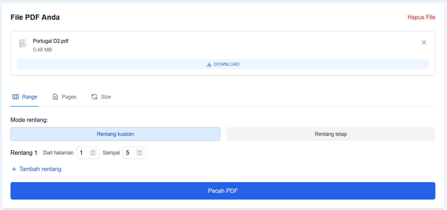 Antarmuka pisah PDF online dengan mode range
